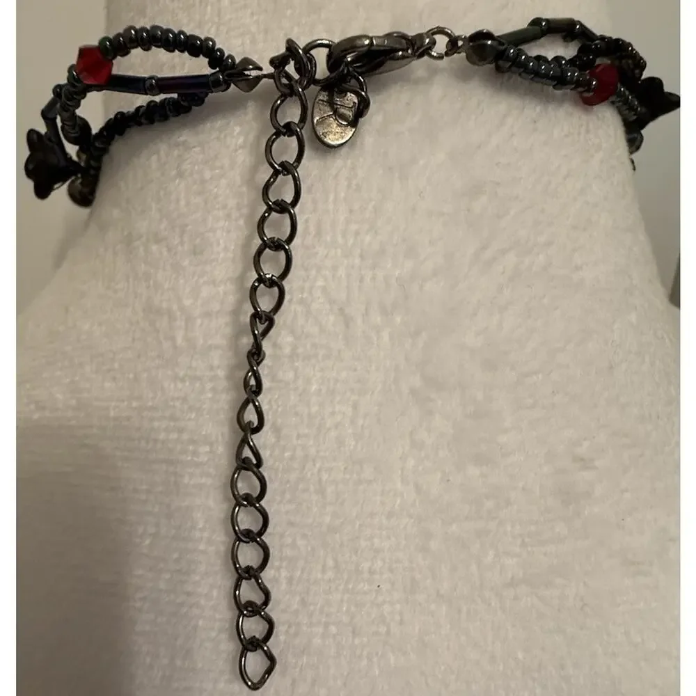 Vintage Artisan Wearable Art Beaded Floral Necklace Gunmetal Boho Gothic - Picture 5 of 8